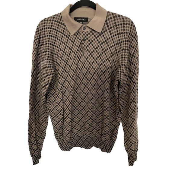 Murano Wool Mens Sweater Size Medium Beige Black Collared 1/4 Button Small Flaw - Picture 1 of 10